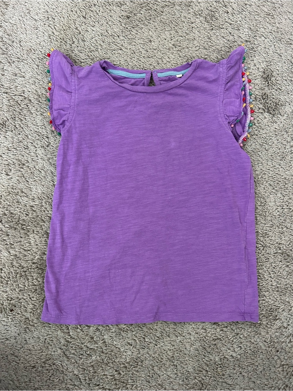 Mini Boden Pompom Tee-Girls Purple Ruffle Sleeve Top size 6-7Y